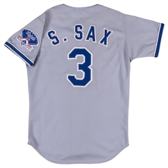 1983 Steve Sax Game Used Los Angeles Dodgers Road Jersey With 25th Anniversary Patch (Henderson LOA)